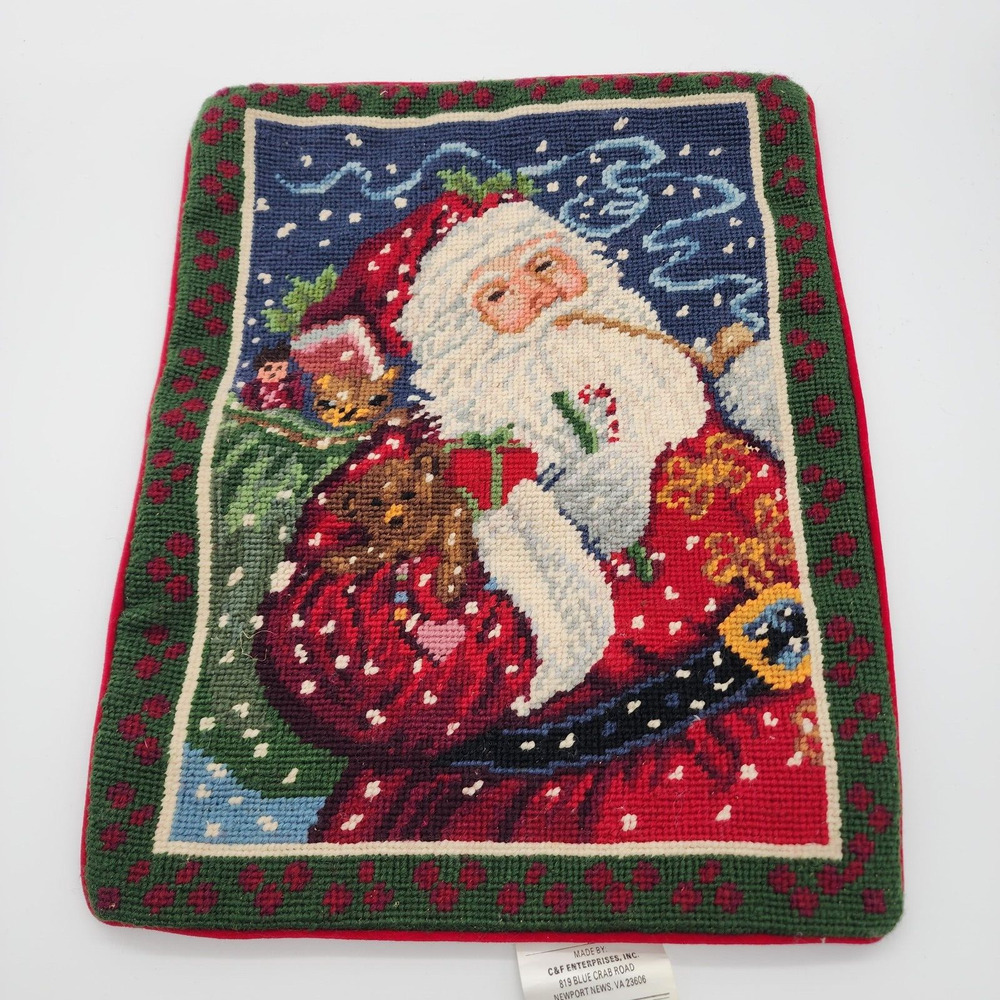 Vintage Needlepoint Christmas Pillow Cover Santa Holding Puppy Velvet Back 15x12